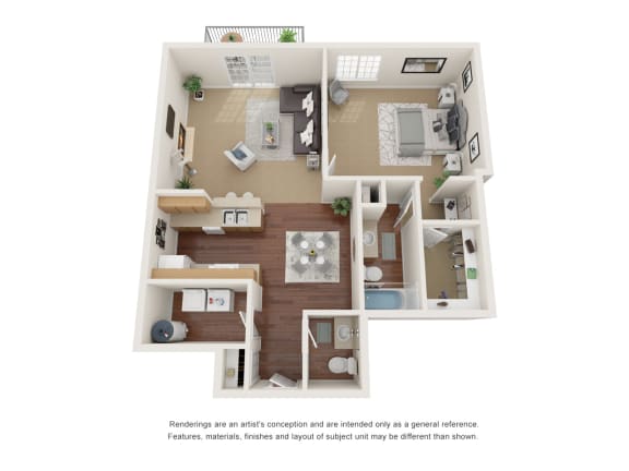 Floor Plan  One bedroom, one and a half bathroom three dimensional floor plan.