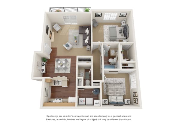 Floor Plan  Two bedroom, one and a half bath three dimensional floor plan.