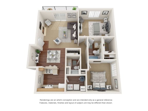 Floor Plan  Two bedroom, one and three forths bathroom three-dimensional floor plan layout.
