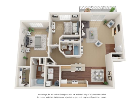 Floor Plan  Two bedroom, two bathroom three-dimensional floor plan layout.