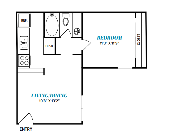 Floor Plan  A floor plan of a bedroom, living and dining area.