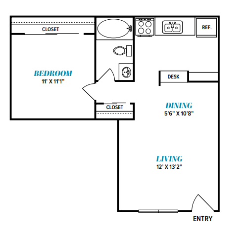 Floor Plan  A floor plan of a room with a bedroom, dining area, living room, and closet.