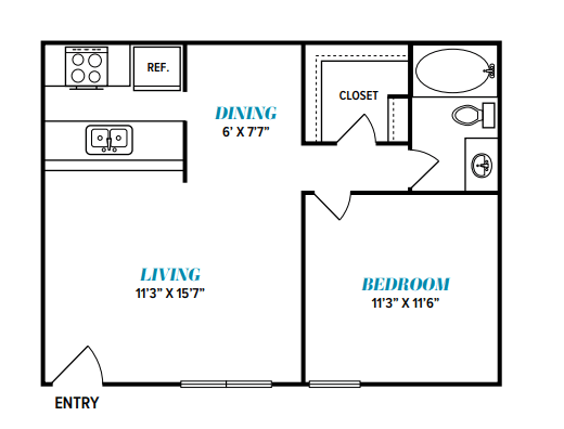 Floor Plan  A floor plan of a small apartment with a living room, bedroom, and dining area.