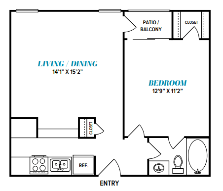 Floor Plan  A floor plan of a small apartment with a living room, dining room, bedroom, and bathroom.