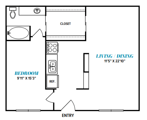 Floor Plan  A floor plan of a small apartment with a bedroom, living/dining area, and a closet.