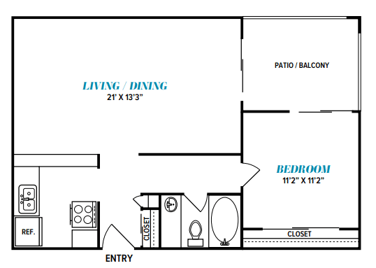 Floor Plan  A floor plan of a small apartment with a living room, dining room, bedroom, and bathroom.