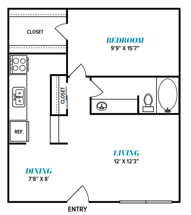 Floor Plan  A floor plan of a small apartment with a bedroom, living room, and dining area.