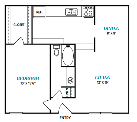 Floor Plan  A floor plan of a small apartment with a bedroom, living room, and dining area.