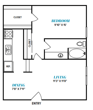 Floor Plan  A floor plan of a small apartment with a bedroom, living room, and dining area.