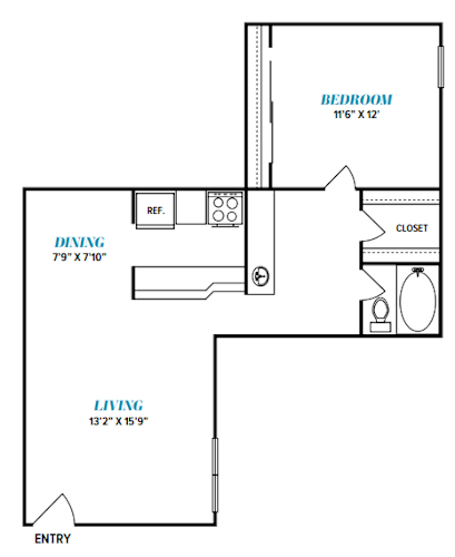 Floor Plan  A floor plan of a room with a bedroom, living room, and dining area.