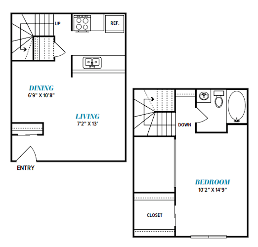 Floor Plan  A floor plan of a living space with a dining area, bedroom, and closet.