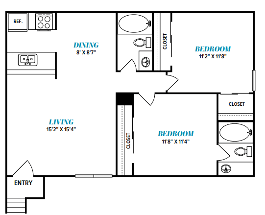 Floor Plan  A floor plan of a small apartment with a living room, dining room, and two bedrooms.