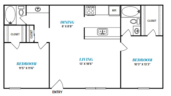 Floor Plan  A drawing of a floor plan for a room with a living area, two bedrooms, and a bathroom.
