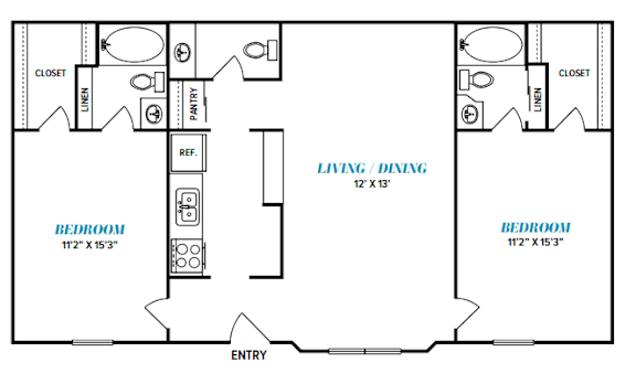 Floor Plan  A floor plan of a living room, dining room, and two bedrooms.