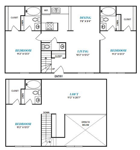 Floor Plan  A floor plan of a two bedroom apartment with a living room and a dining room.