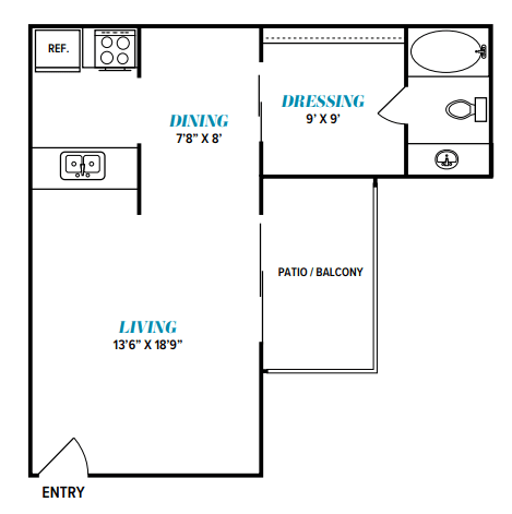 Floor Plan  A floor plan of a living space with a dining area, dressing area, and a living area with a patio and balcony.