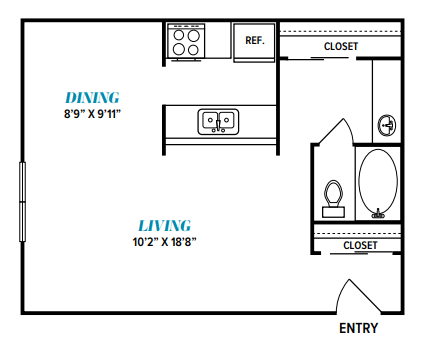 Floor Plan  A floor plan of a living and dining area with a reference and closet.