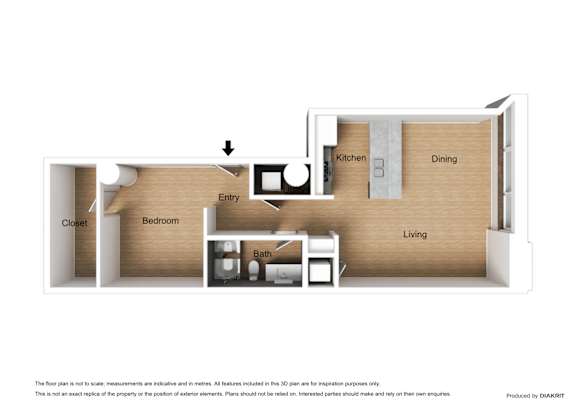 Floor Plan  A floor plan of a small apartment with a kitchen, dining area, living room, bedroom, bathroom, and closet.