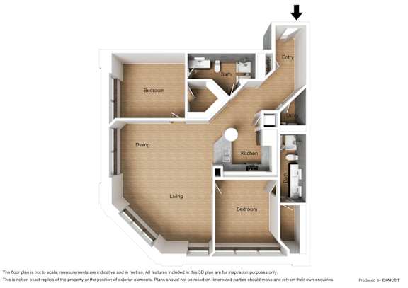 Floor Plan  A floor plan of a property with a living room, dining room, kitchen, two bedrooms and two bathrooms.