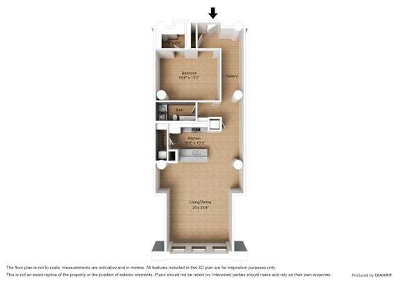 Floor Plan  A floor plan of a small apartment with a living room, kitchen, and bathroom.