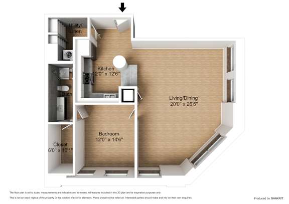 Floor Plan  A floor plan of a small apartment with a kitchen, living room, and bathroom.