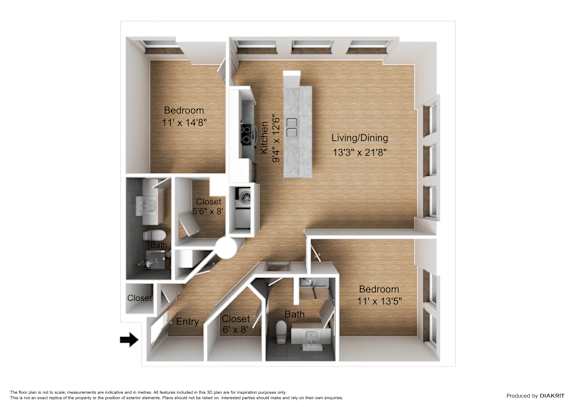 Floor Plan  A diagram shows the layout of a small apartment with a living area, two bedrooms, and a kitchen.