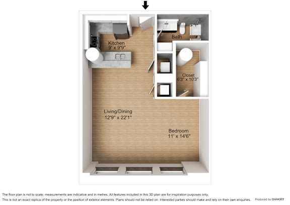 Floor Plan  A 3D floor plan of a small apartment with a kitchen, bathroom, living/dining area, and bedroom.