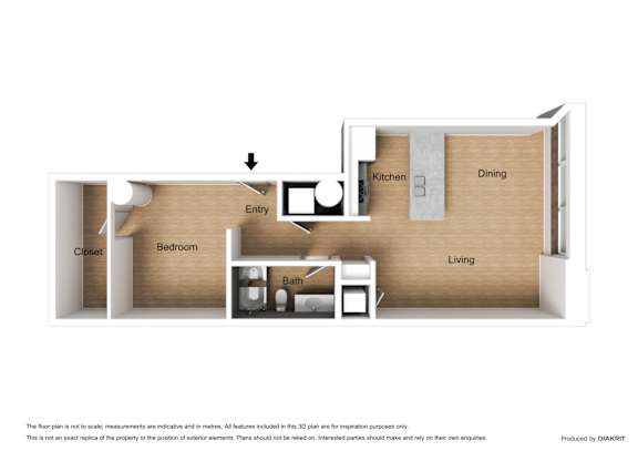 Floor Plan  A diagram of a floor plan for a small apartment with a kitchen, dining area, and bathroom.