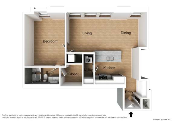 Floor Plan  A floor plan of a small apartment with a bedroom, living room, dining room, kitchen, bathroom, utility, and closet.