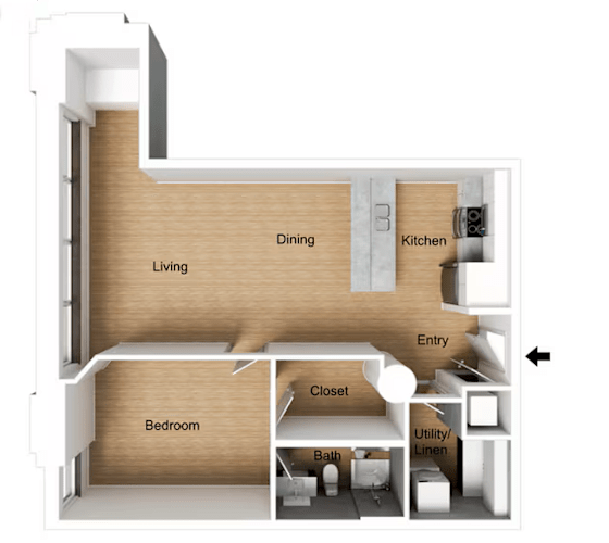 Floor Plan  A diagram of a small apartment with a bedroom, living room, kitchen, and bathroom.