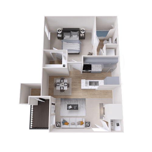 Floor Plan  A 3D floor plan of a modern apartment with a kitchen, living room, and bedrooms.