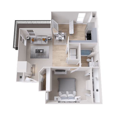 Floor Plan  A 3D floor plan of a small apartment with two bedrooms and a living area.