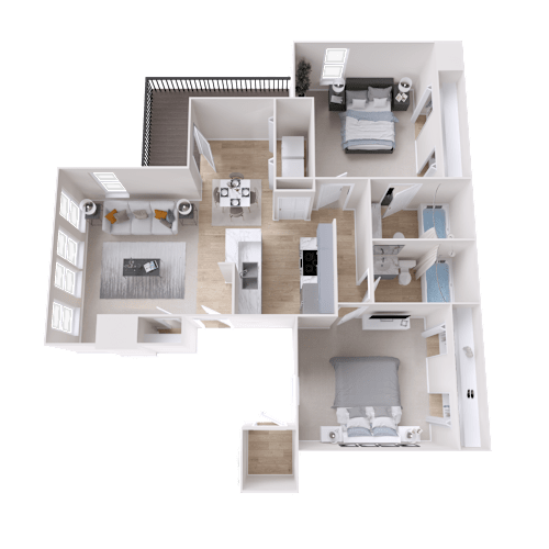 Floor Plan  A 3D floor plan of a house with multiple rooms.