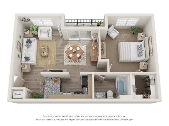 Floor Plan  a 1 bedroom floorplan is shown in this rendering