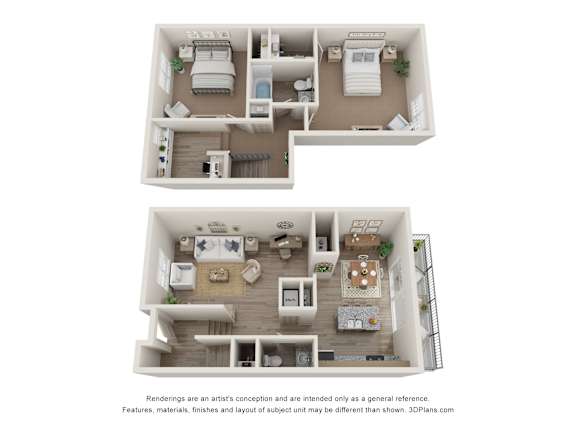 Floor Plan  a stylized view of a 2 bedroom floor plan with an office and living room