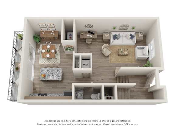 Floor Plan  a 3d floor plan of a bedroom with a living room