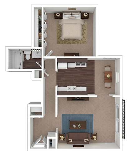 Floor Plan  A 3D floor plan of a small apartment with a bedroom, living room, and kitchen.