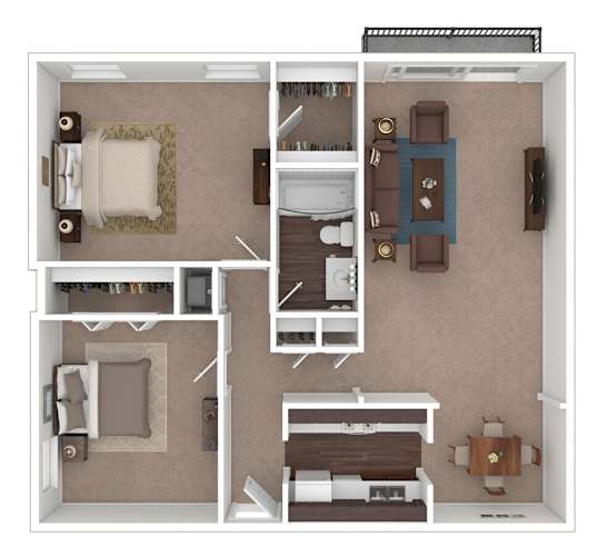 Floor Plan  A floor plan of a small apartment with a bedroom, living room, and kitchen.