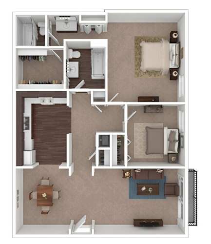 Floor Plan  A top-down view of a house layout with a kitchen, living room, and bedrooms.
