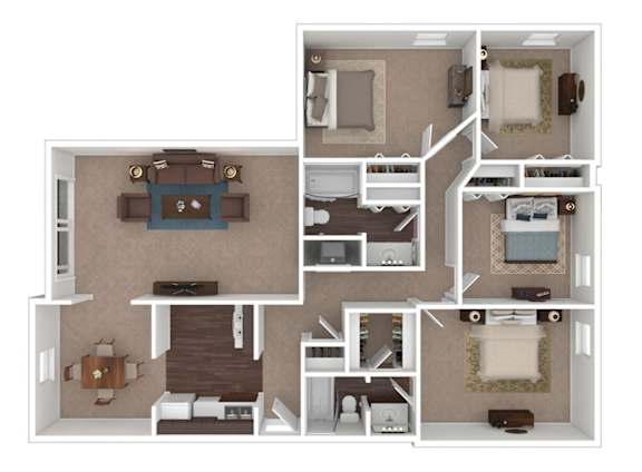 Floor Plan  A 3D floor plan of a house with a kitchen, living room, and bedrooms.