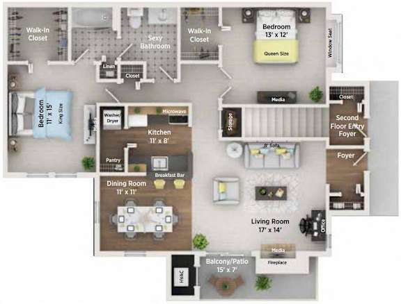 Floor Plan  Two Bed One Bath Floor Plan at Village Club of Farmington Hills, Farmington Hills, MI