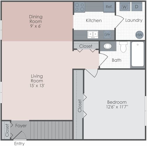 Floor Plan  A floor plan of a small apartment with a living room, dining room, kitchen, bathroom, and bedroom.
