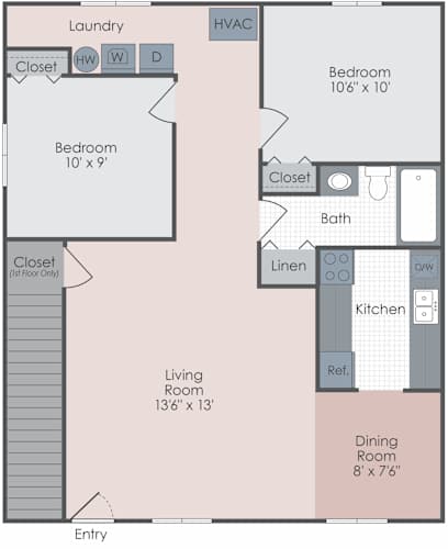 Floor Plan  A floor plan of a home with a laundry room, two bedrooms, a living room, a dining room, a kitchen, a bathroom, and a reference room.