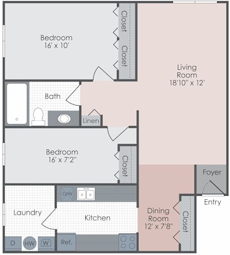 Floor Plan  A floor plan of a small apartment with two bedrooms, a living room, a dining room, a kitchen, a laundry room, a foyer, and a bathroom.