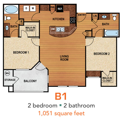 Floor Plan  B1 (Premium) - 2 bed 2 bath 1051 sqft