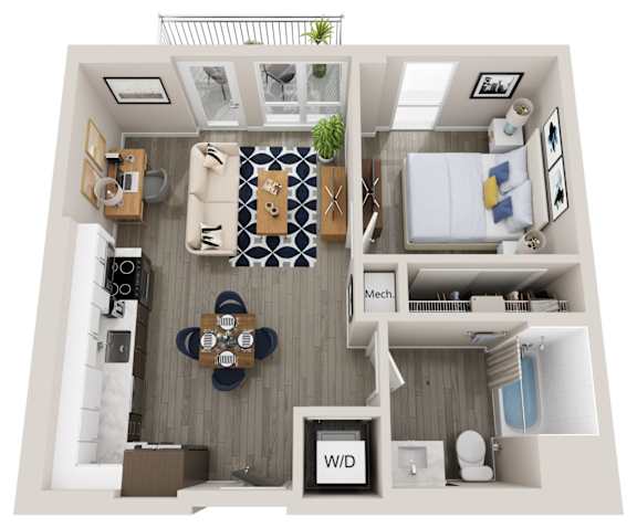 Floor Plan  Emerald A1 1 bed 1 bath floorplan