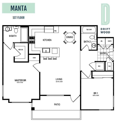 Floor Plan  Manta 1st Floor - 2 Bedroom 2 Bath Floor Plan Layout - 1025 Square Feet at Driftwood, San Diego, California