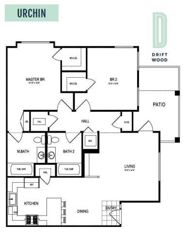 Floor Plan  2 Bedroom 2 Bath Floor Plan Layout - 1073 Square Feet  at Driftwood, San Diego, CA