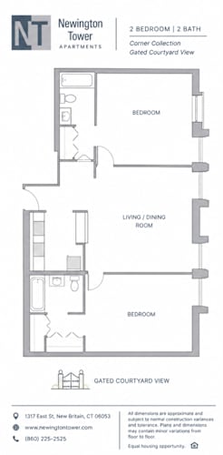 Floor Plan  A floor plan for a Newington Tower apartment shows a living and dining room connected to two bedrooms.