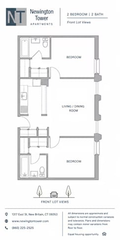 Floor Plan  A floor plan for a 2 bedroom, 2 bath apartment with a living/dining room.